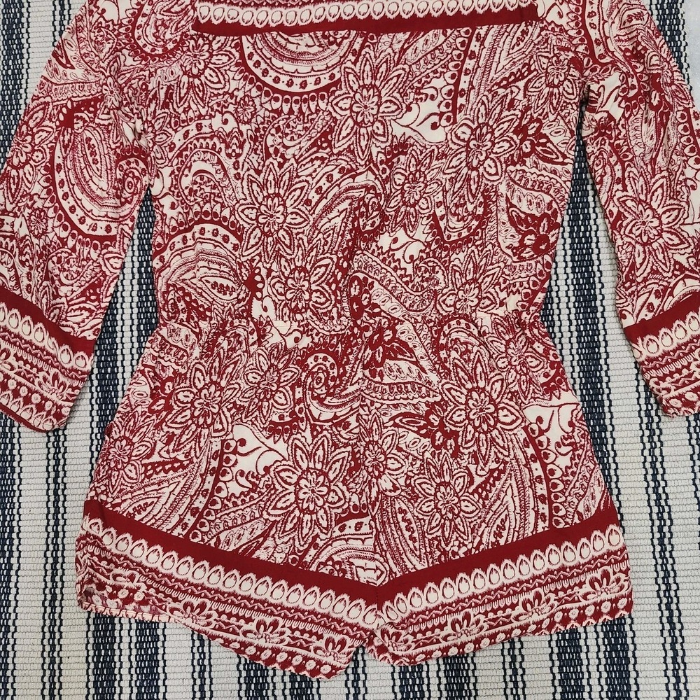Umgee USA 1XL Red Paisley Boho Romper Long Sleeve Drawstring Shorts - Picture 6 of 9